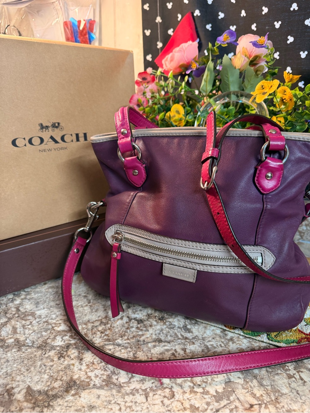 Coach Plum Leather Shoulder Bag with Pink Trim “callouts” refer to pics